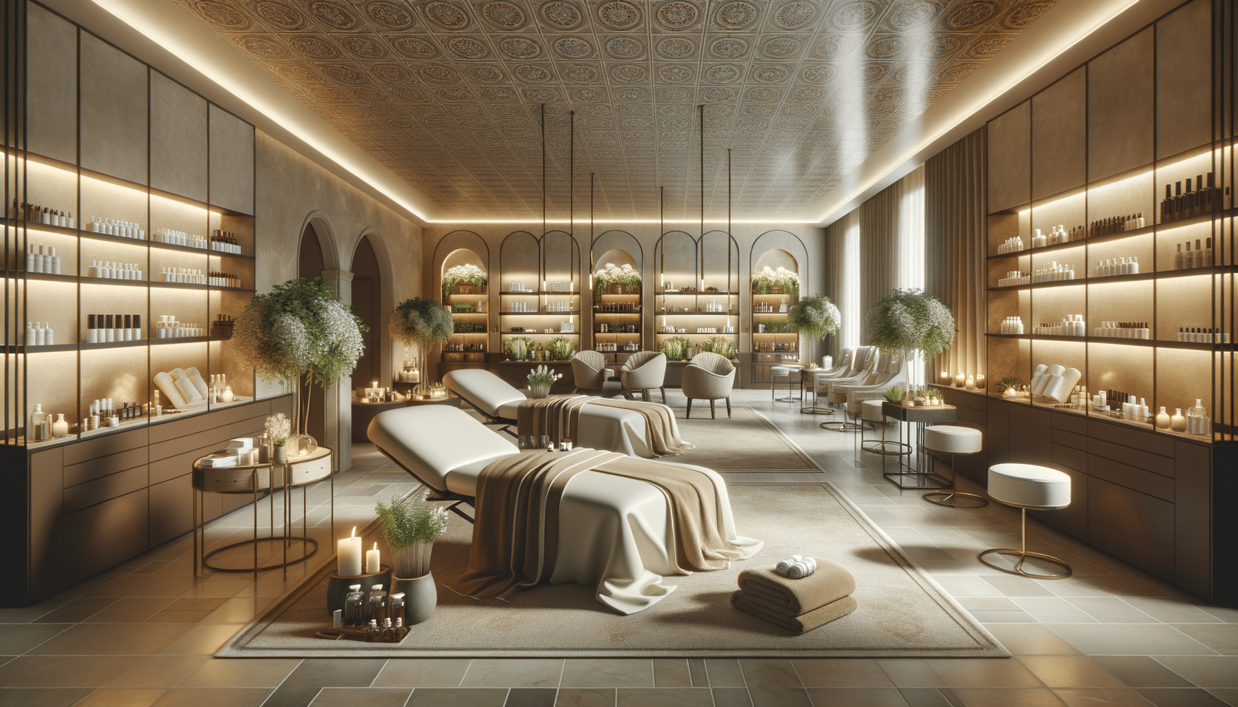 Luxury spa interior with massage tables and candles
