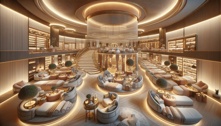 Luxurious circular spa interior with golden lighting and loungers