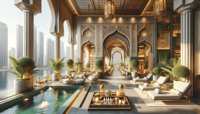 Luxurious Middle Eastern style spa terrace overlooking city skyline