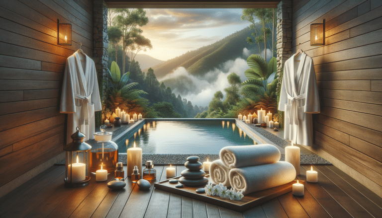 Luxury spa pool with candles overlooking misty mountains