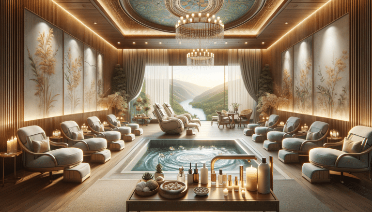 Luxury spa lounge with hot tub and mountain view