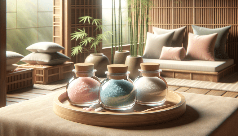 Coloured bath salts jars on wooden tray spa