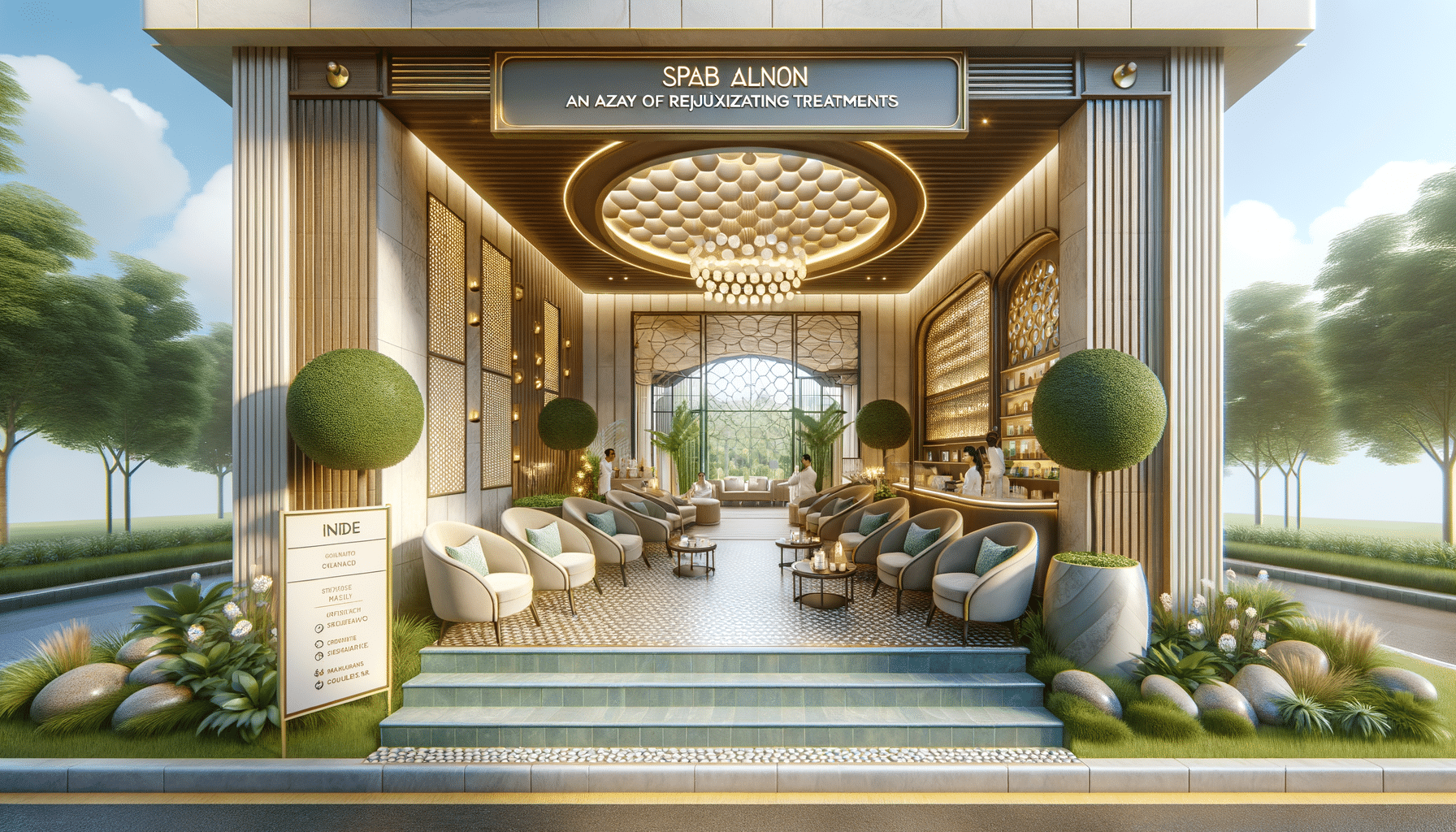 Luxury spa entrance with elegant seating and chandelier