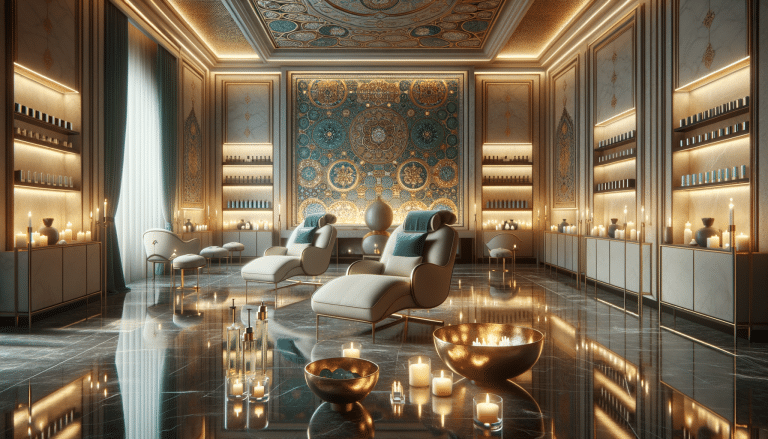 Luxurious spa interior with loungers and candlelight