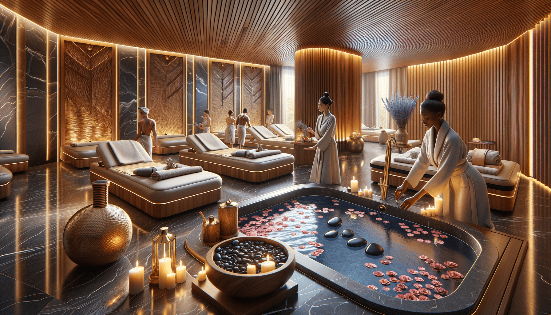 Luxury spa interior with candlelit bath and massage beds