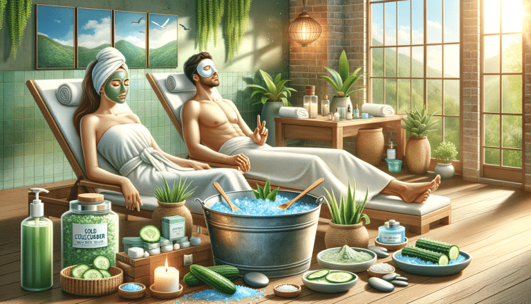 Couple relaxing with cucumber spa treatments by window
