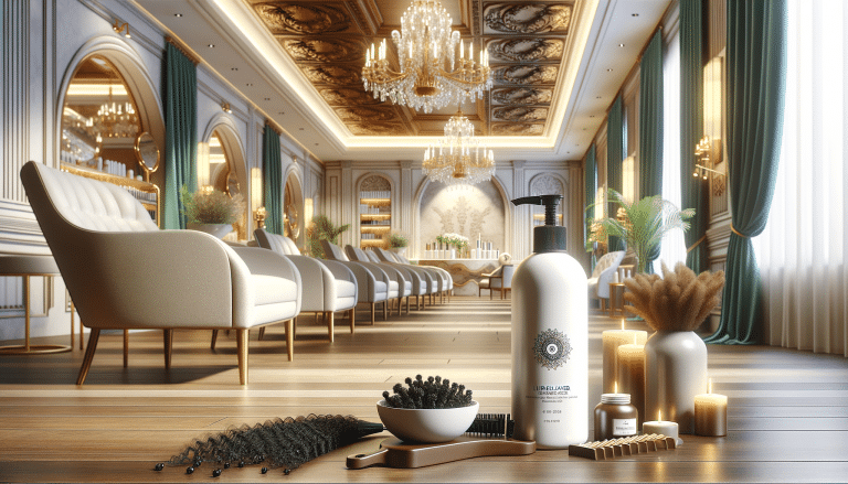 Luxury hair salon interior with styling products foreground