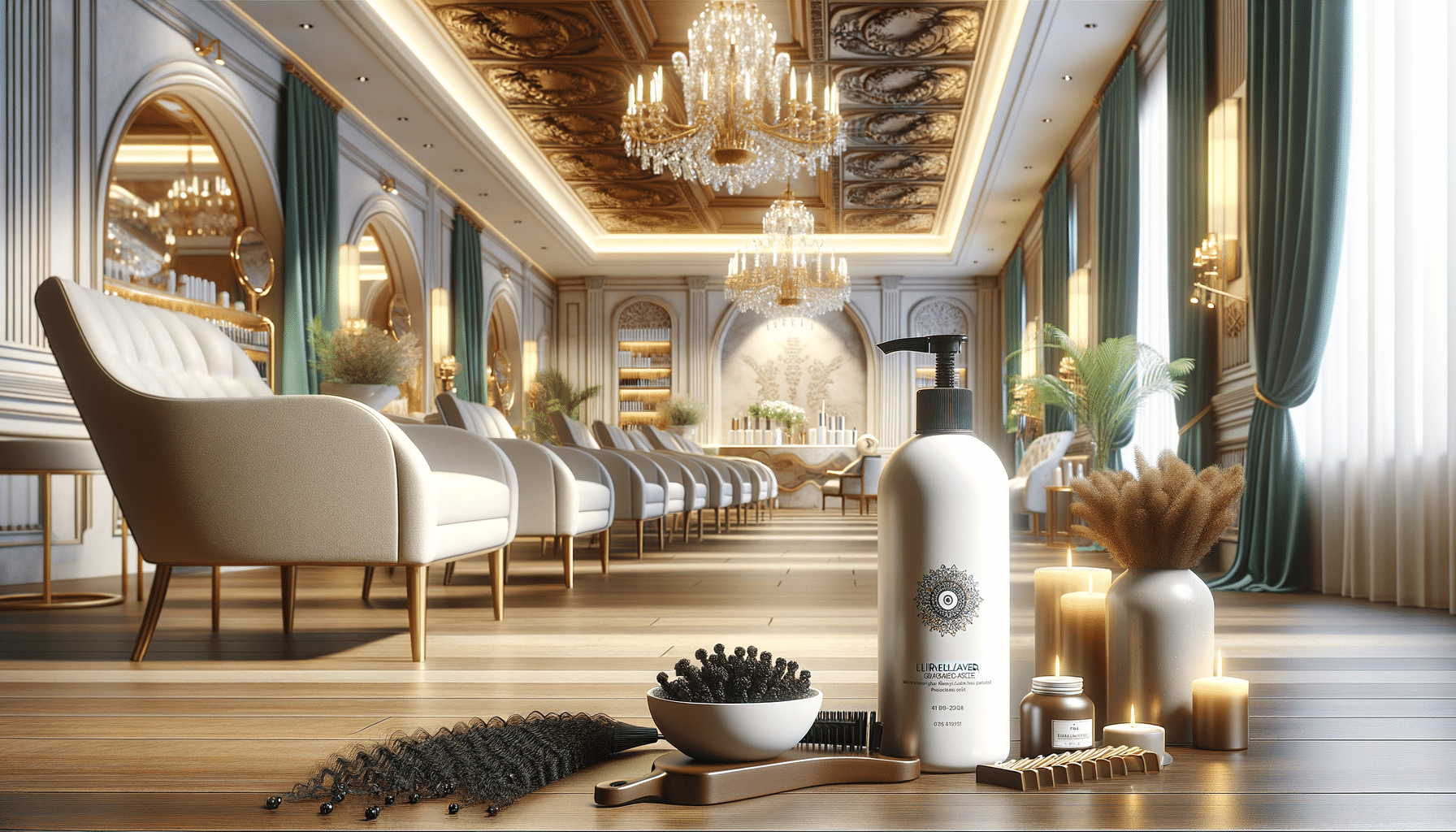 Luxury hair salon interior with styling products foreground