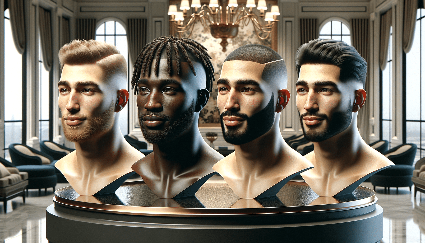 Four male mannequin heads showcasing modern hairstyles