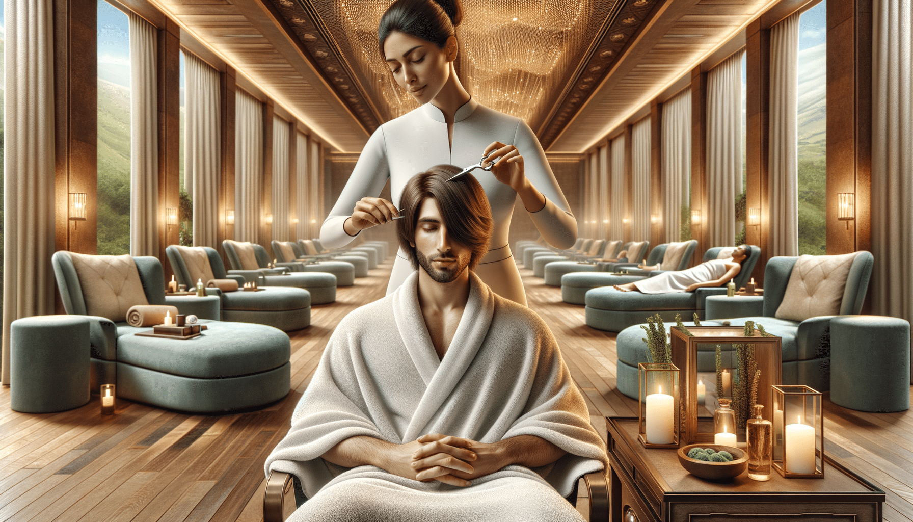 Stylist trimming man's hair in luxury spa setting
