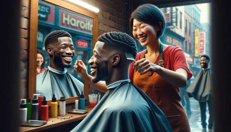 Smiling barber trimming man's hair in shop