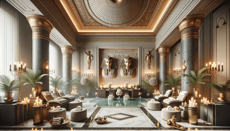 Luxurious Egyptian-inspired spa interior with candles and columns