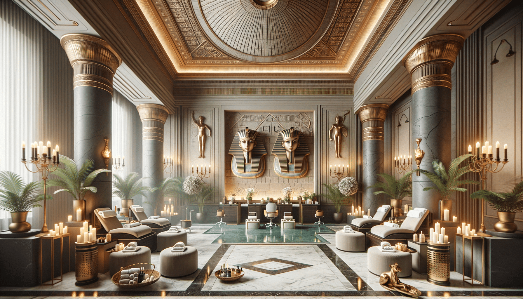 Luxurious Egyptian-inspired spa interior with candles and columns