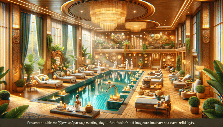 Luxurious indoor spa pool with loungers and chandeliers