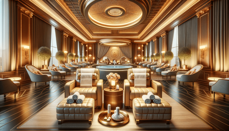Luxurious spa lounge with central pool and armchairs