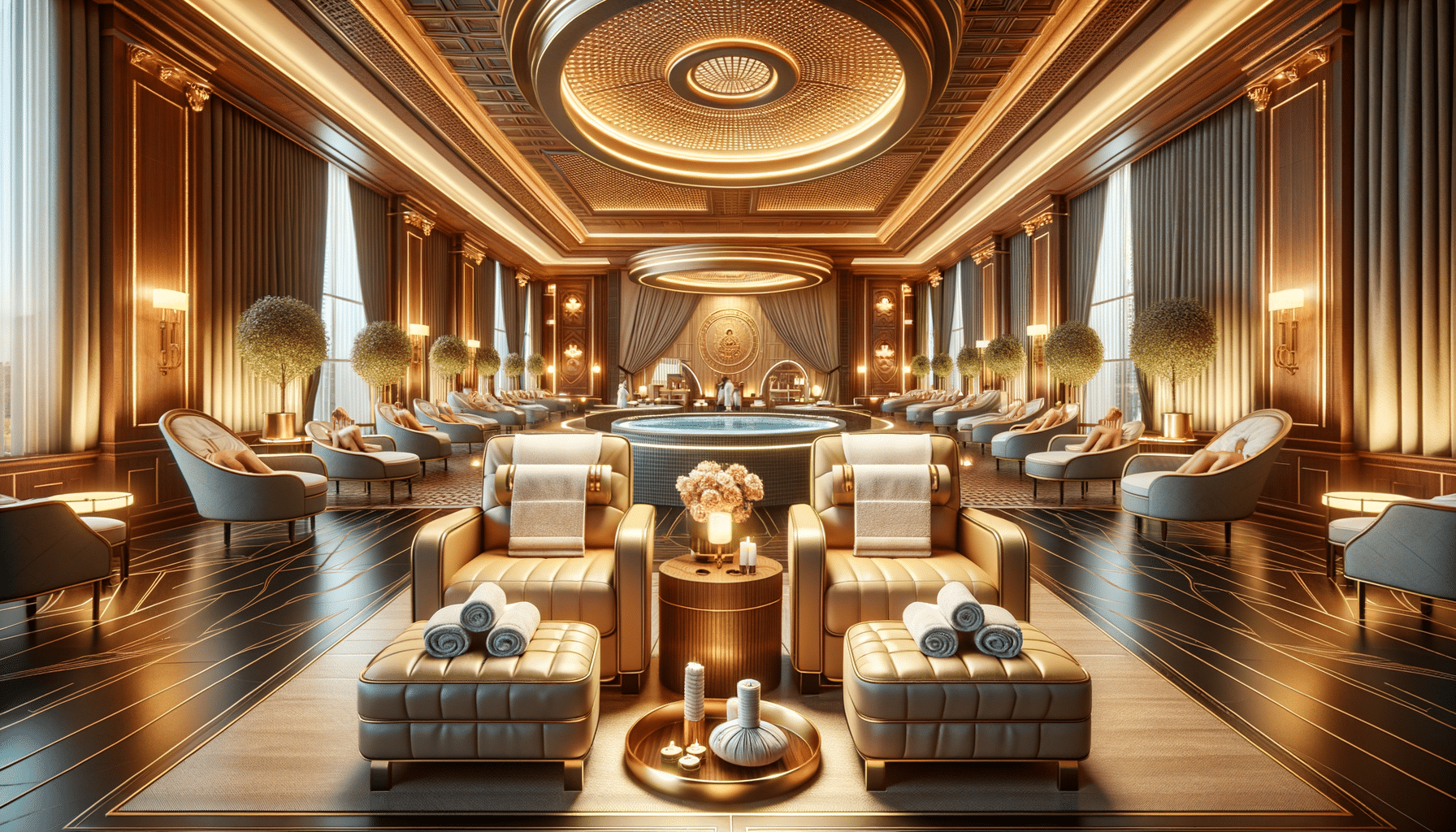 Luxurious spa lounge with central pool and armchairs