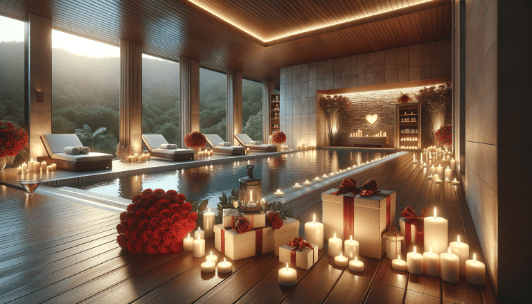 Romantic spa pool with candles, roses and gifts