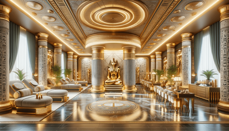 Luxurious Egyptian-themed lounge with golden statue and columns