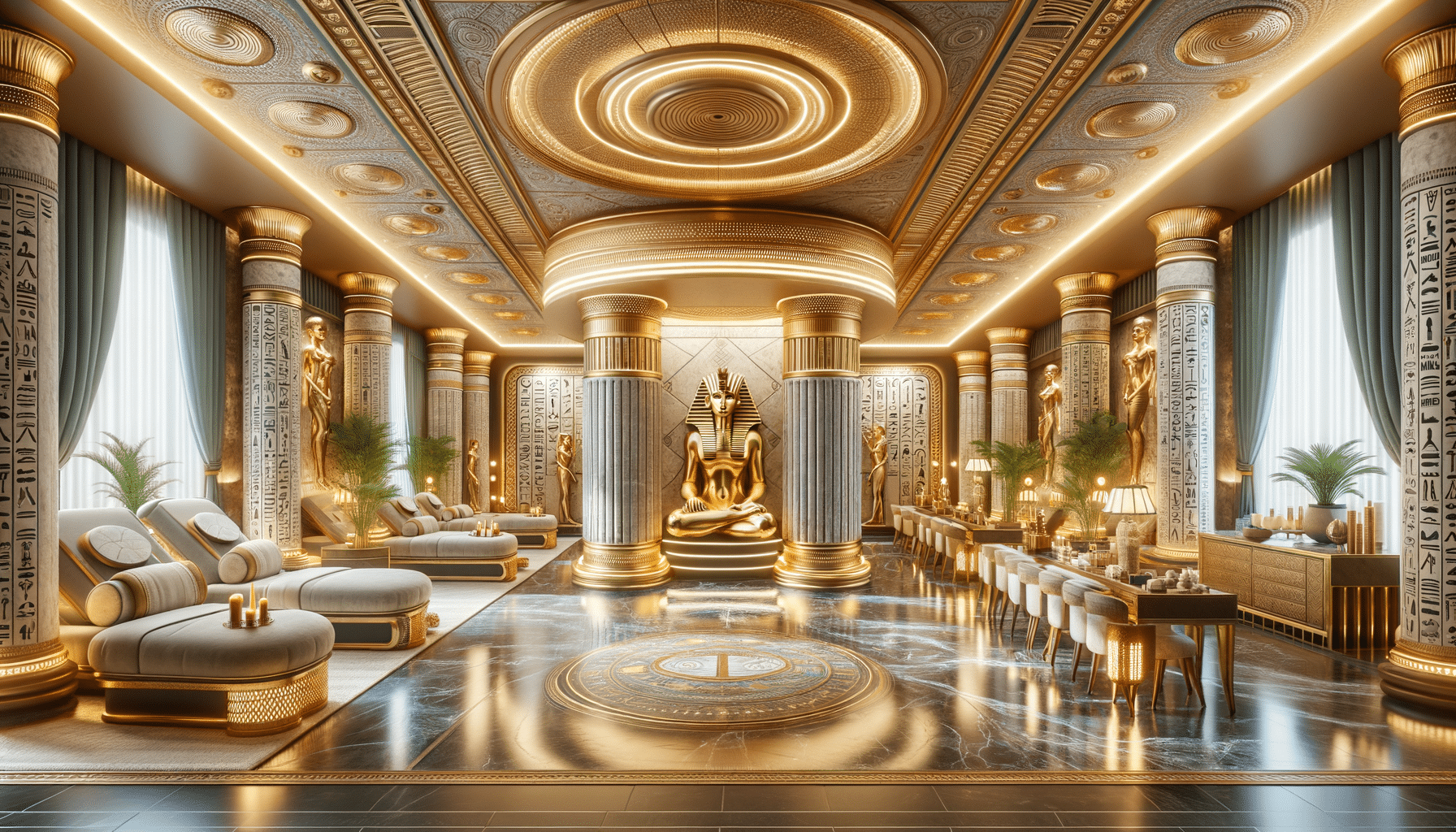 Luxurious Egyptian-themed lounge with golden statue and columns