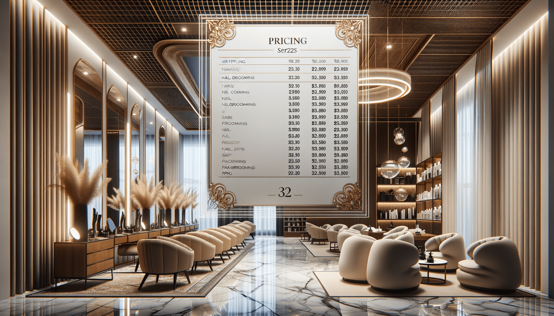 Luxury modern hair salon interior with pricing list