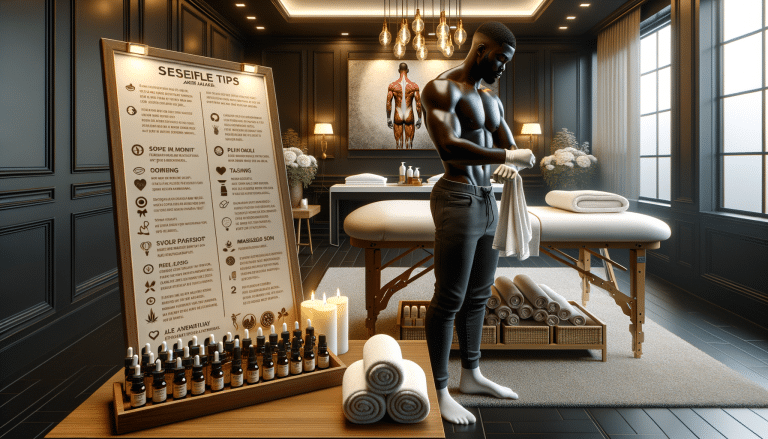 Muscular man preparing towels in massage therapy room