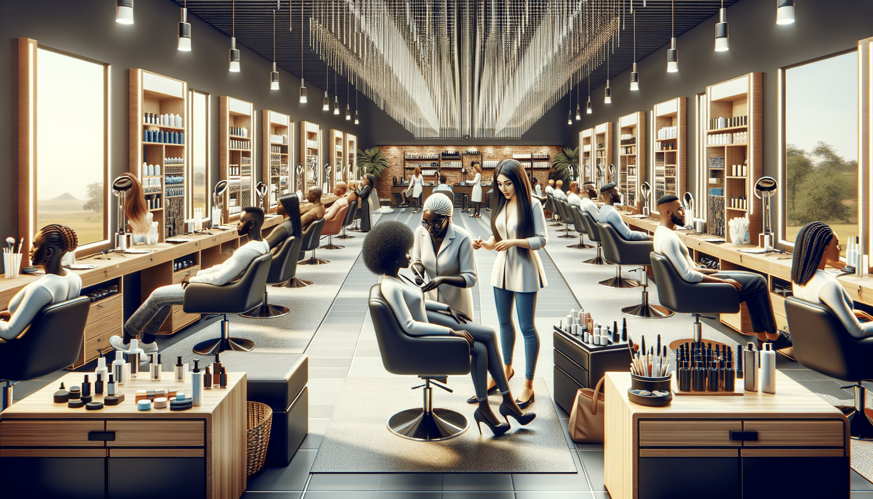 Modern busy hair salon with stylists and clients