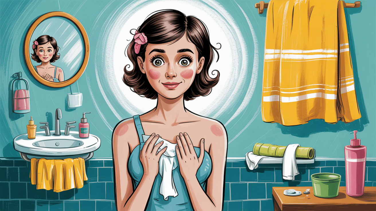 Illustrated woman in bathroom holding cleansing cloth