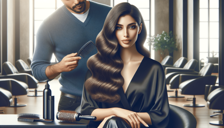 Stylist combing woman's long wavy hair in salon