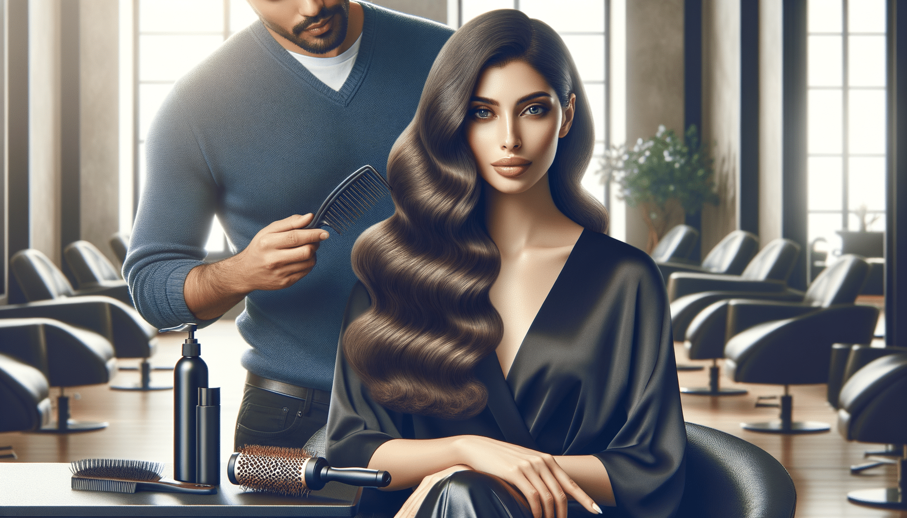 Stylist combing woman's long wavy hair in salon