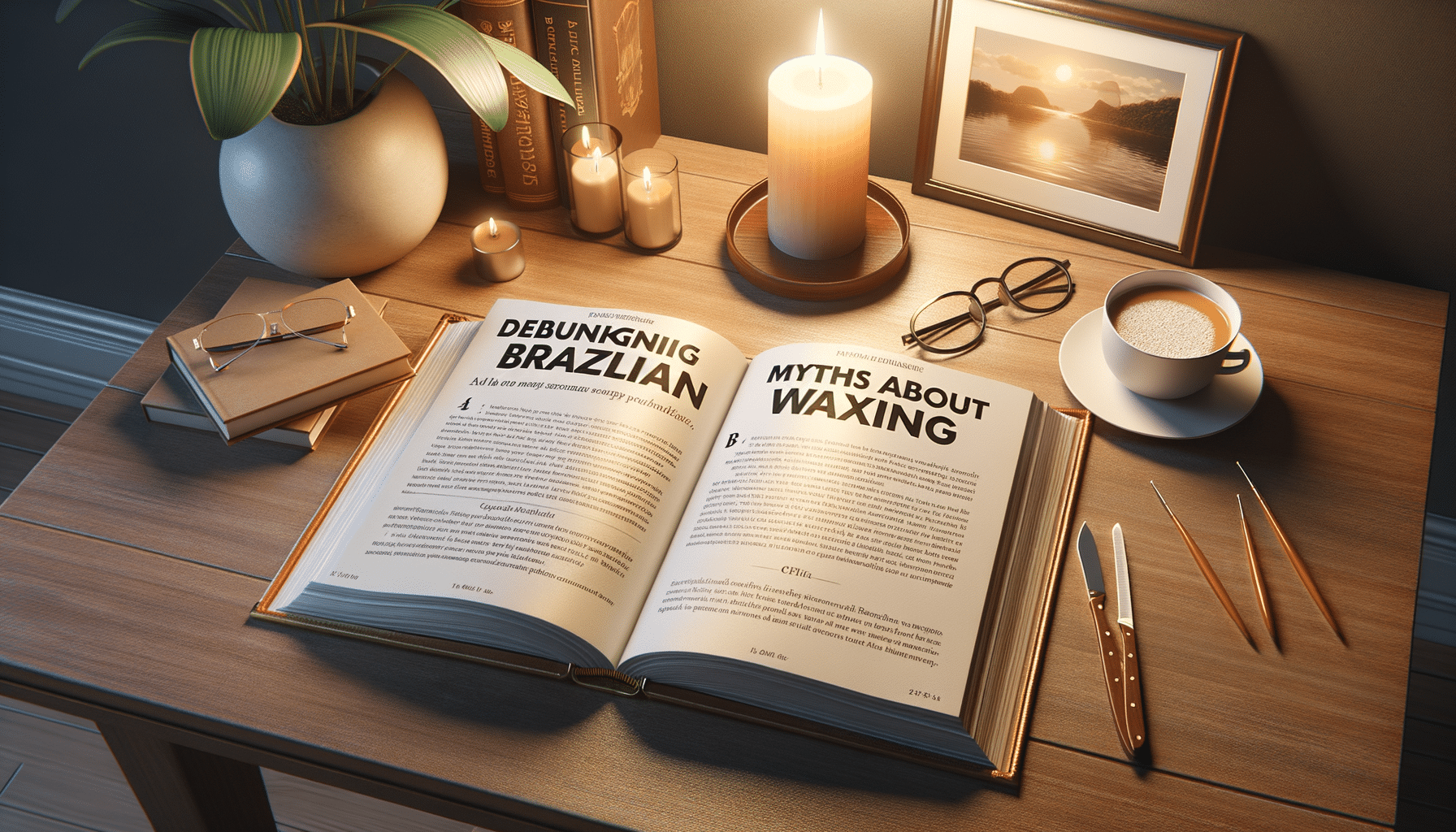 Open book about Brazilian waxing on candlelit desk