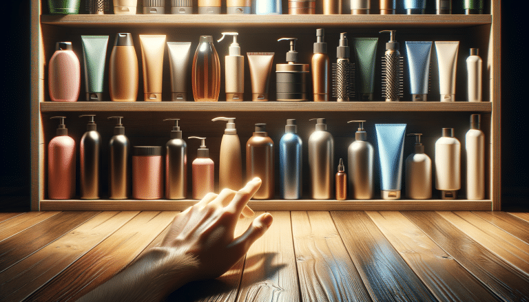Hand reaching for assorted toiletries on wooden shelves