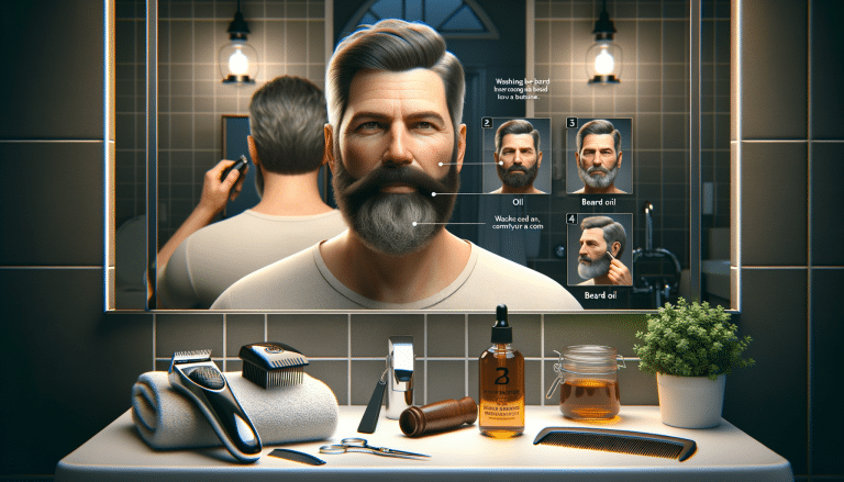 Man grooming beard in bathroom with beard oil tools