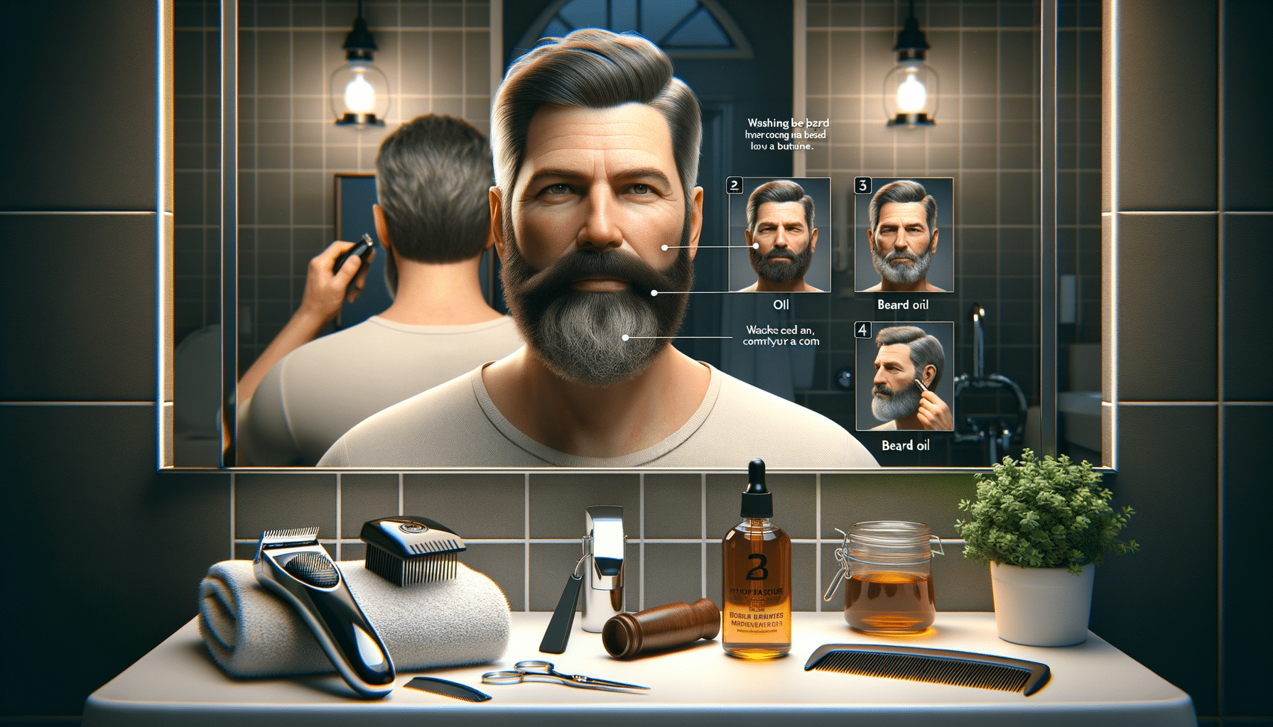 Man grooming beard in bathroom with beard oil tools