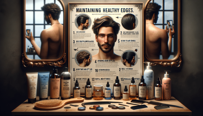 Men’s haircare products beneath healthy edges poster and mirror