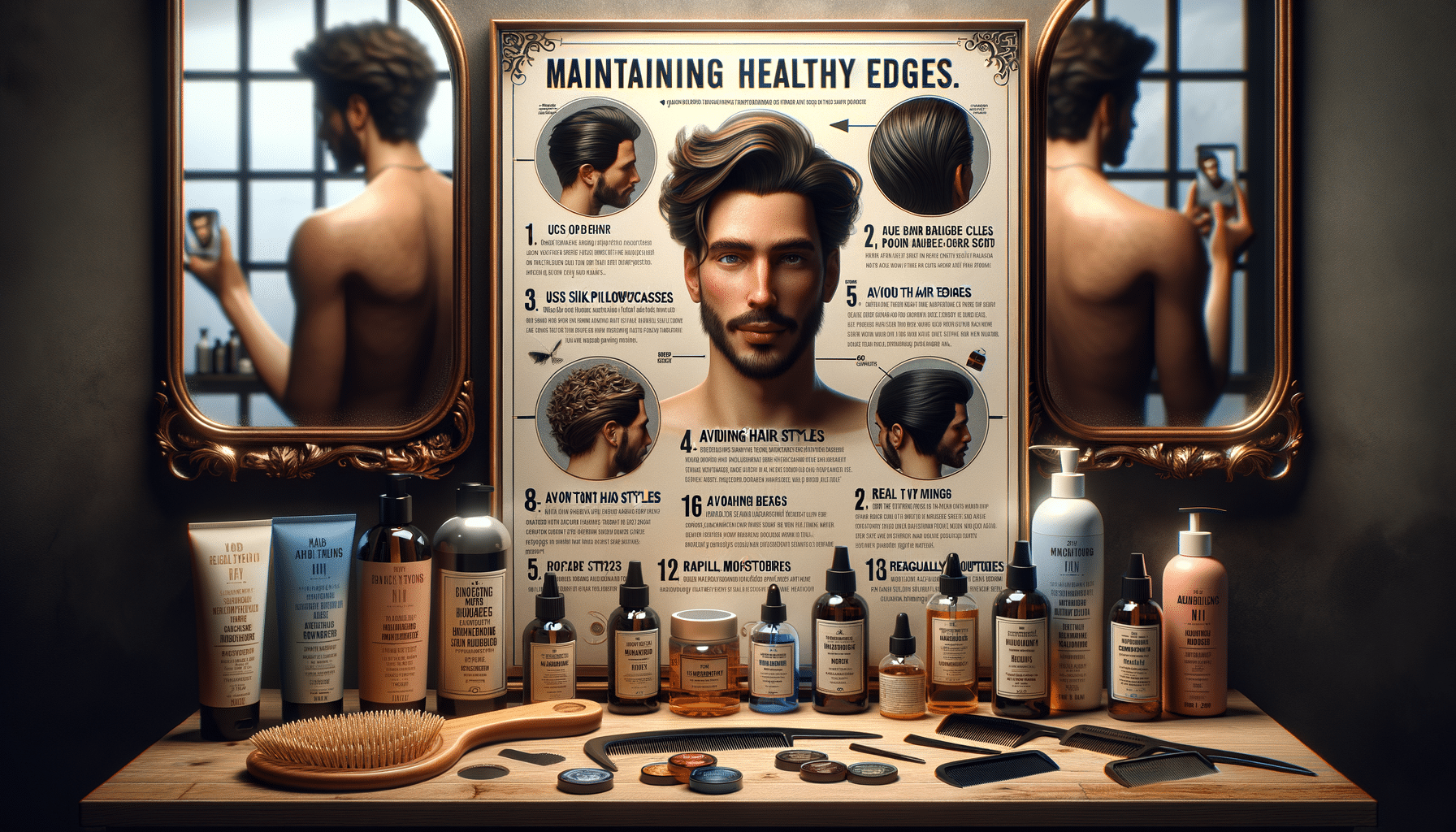 Men’s haircare products beneath healthy edges poster and mirror