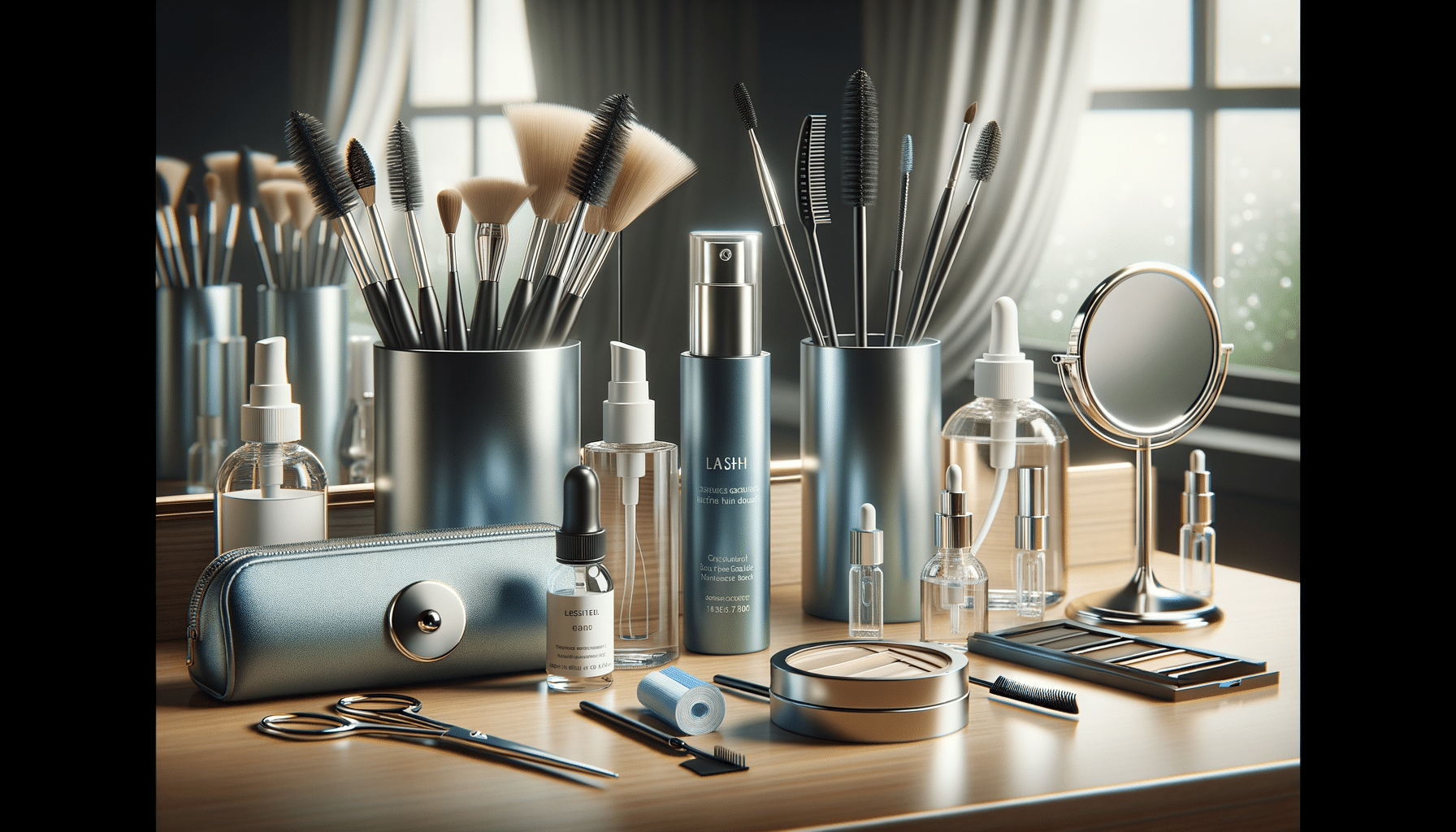 Make-up brushes and cosmetics on dressing table
