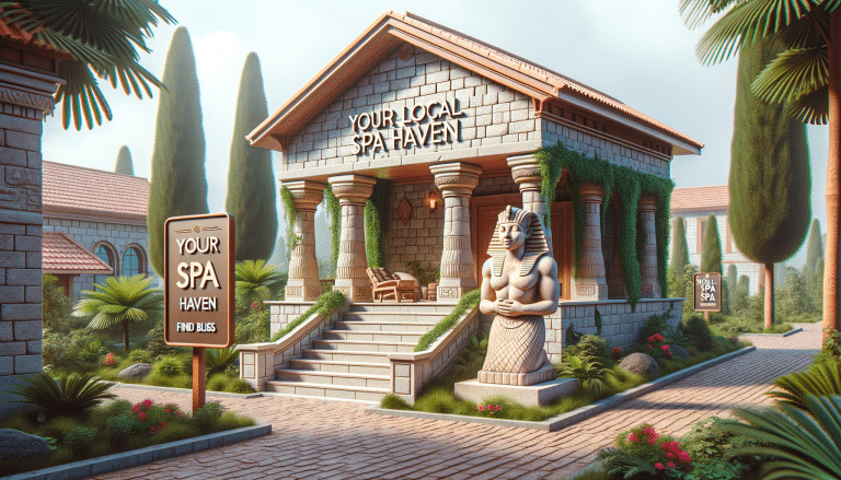 Egyptian-themed spa building with statue and garden