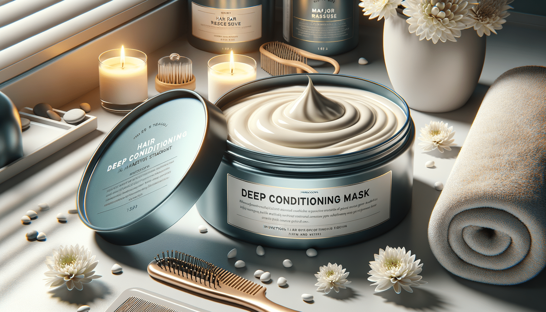 Deep conditioning hair mask jar in spa setting