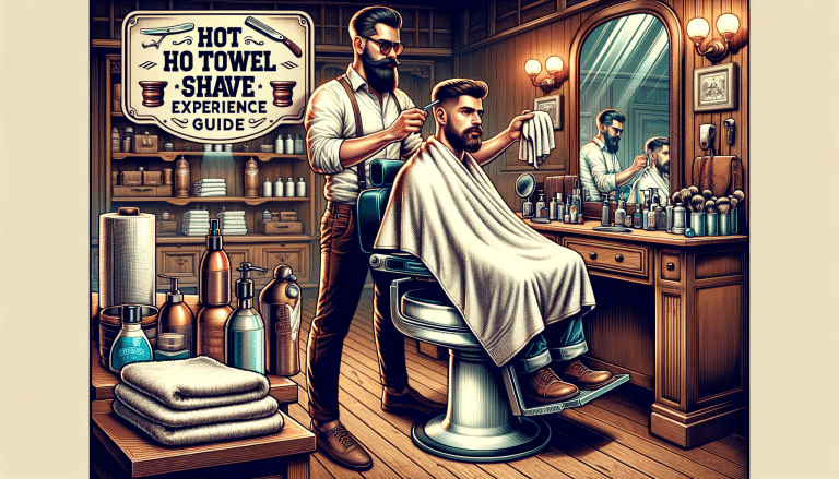 Barber giving hot towel shave in vintage shop