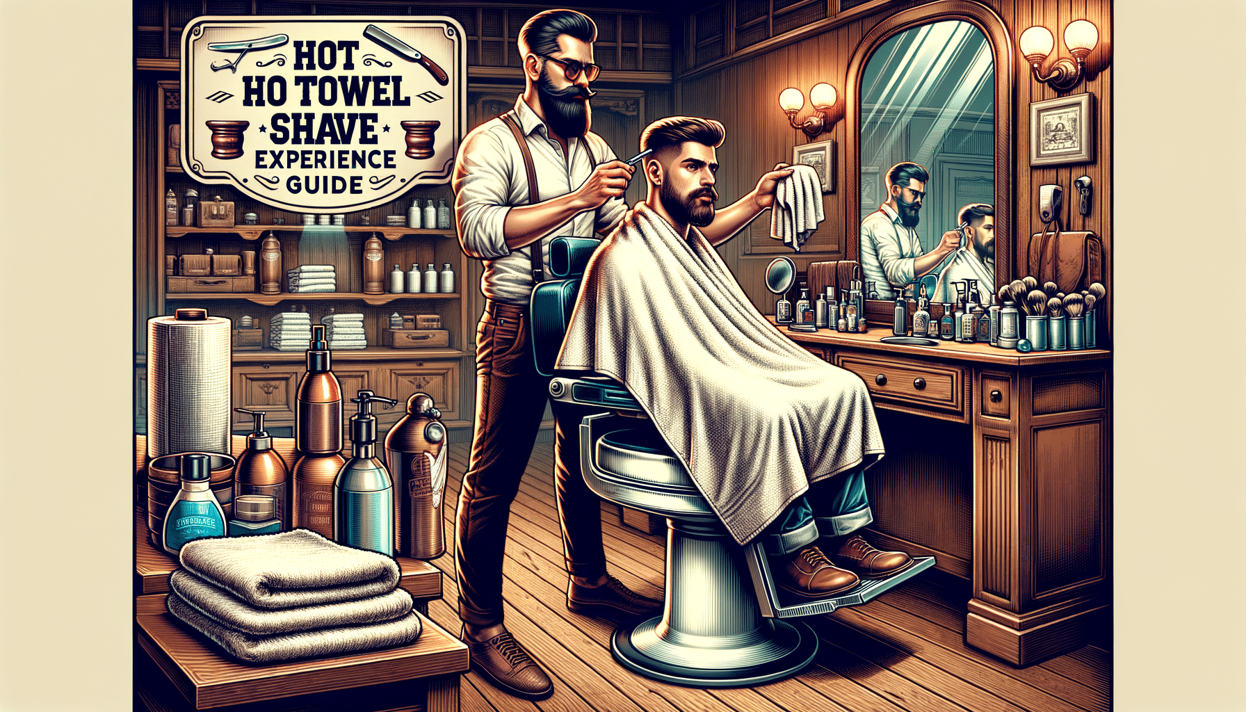 Barber giving hot towel shave in vintage shop