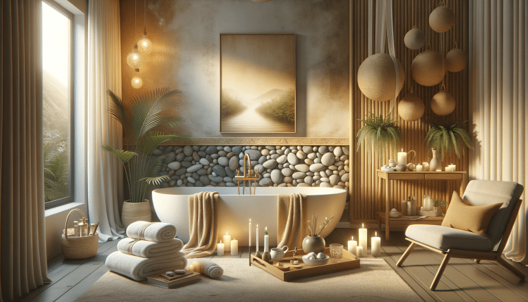 Serene spa-style bathroom with freestanding bath and candles