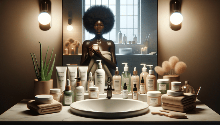 Woman in bathroom with extensive skincare products