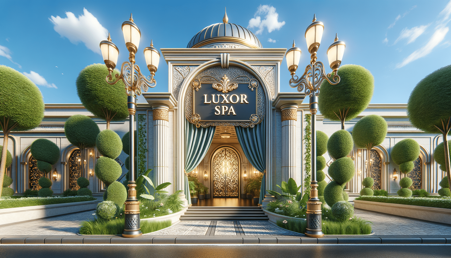 Ornate entrance of Luxor Spa with manicured gardens