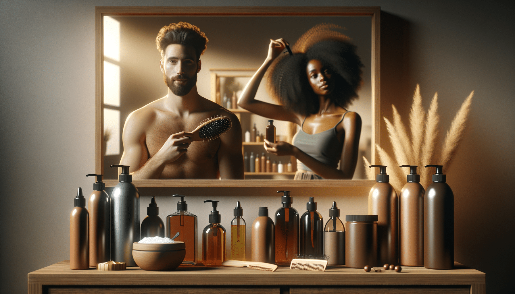 Man and woman styling hair with products