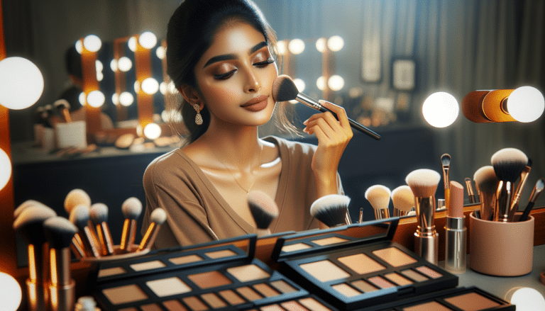 Woman applying makeup at illuminated dressing table