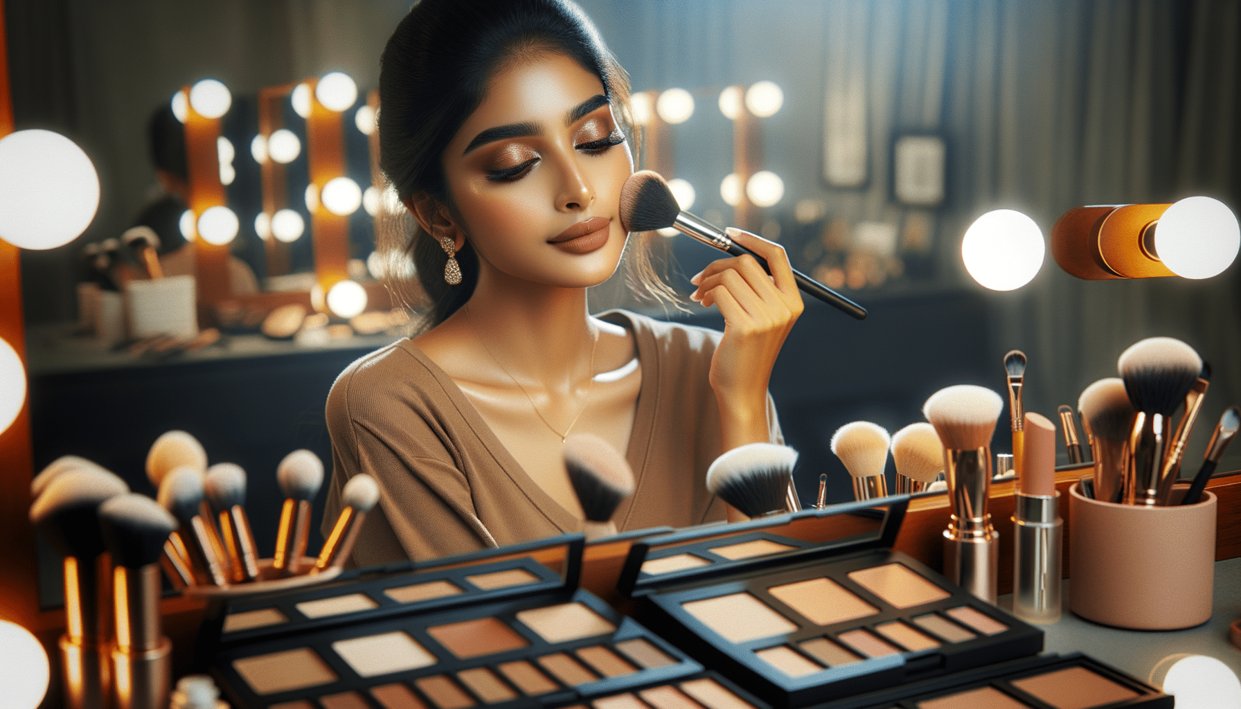 Woman applying makeup at illuminated dressing table