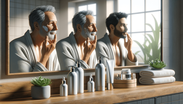 Man applying face cream, ageing reflection progression