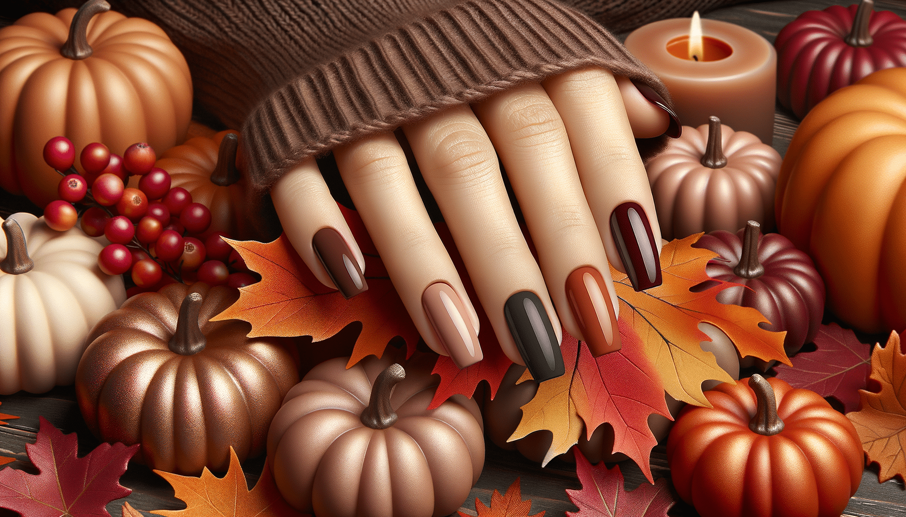 Autumn manicure with pumpkins and fallen leaves