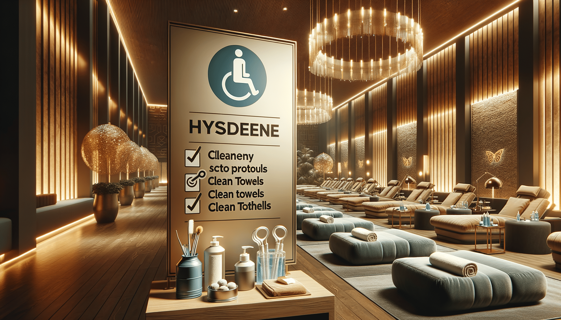 Luxury spa interior with hygiene and accessibility sign