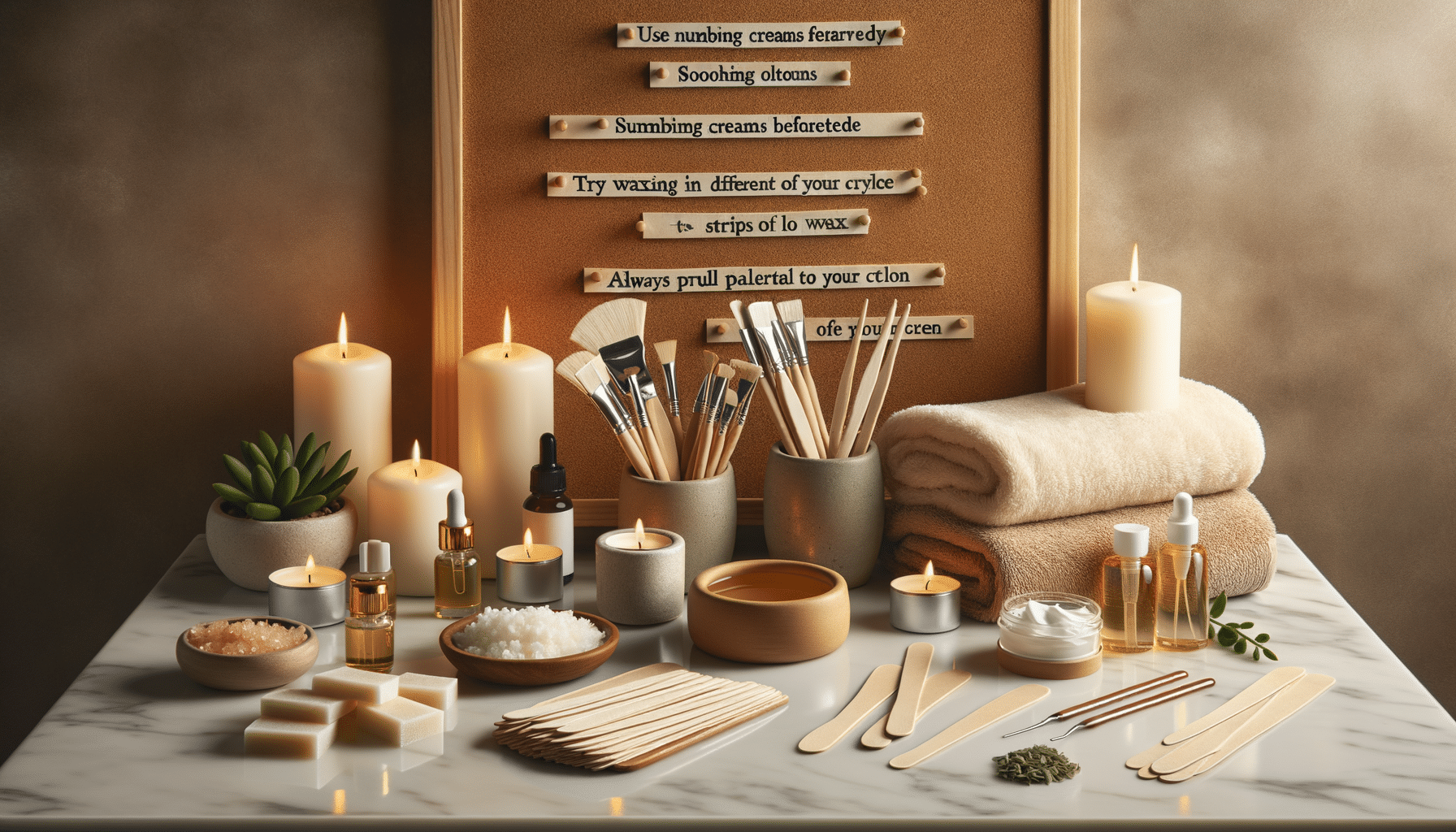 Spa waxing setup with candles, oils and tools